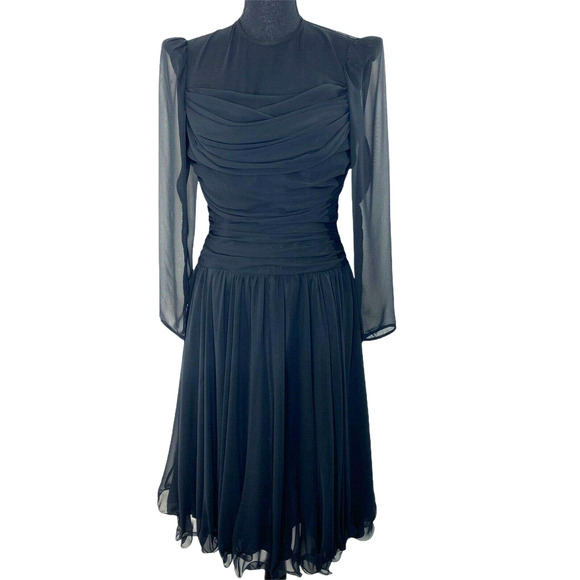 Vintage Anne Hobbs for Kastina Black Sheer Layered Silk Classic Modest Dress Sz6 - Picture 1 of 10
